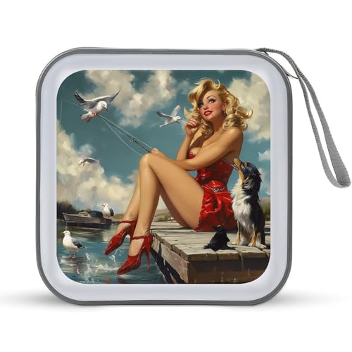 Pinup Girl with Fishing Pole CD Case Portable DVD Holder Storage Organizer for Home Travel
