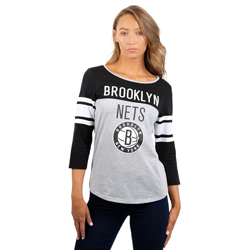 Ultra Game NBA Official Women's Raglan Baseball 3/4 Long Sleeve Shirt, Brooklyn Nets, Heather Gray, Large