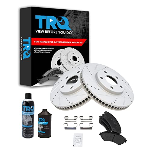 TRQ Front Brake Pad & Rotor Kit Premium G-Coated Performance Semi-Metallic Slotted X Drilled Compatible with 97-05 Buick Cadillac 00-05 Chevrolet 97-03 Oldsmobile 00-04 Pontiac