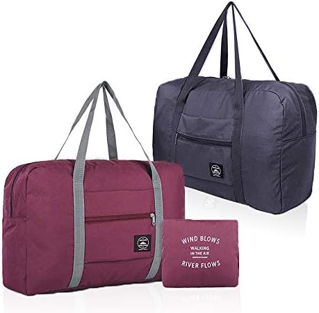 (2 Pack) Foldable Travel Duffel Bag, Waterproof Carry On Luggage Bag, Lightweight Travel Luggage Bag for Sports, Gym, Vacation (Wine red, Dark Blue)