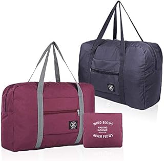 (2 Pack) Foldable Travel Duffel Bag, Waterproof Carry On Luggage Bag, Lightweight Travel Luggage Bag for Sports, Gym, Vacation (Wine red, Dark Blue)
