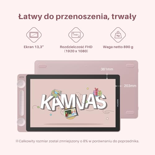 HUION Tablet graficzny Kamvas 13 Gen 3 z wyświetlaczem, antyrefleksyjnym, trawionym szkłem, PenTech 4.0, naciskiem pióra 16384, regulowaną podstawą, 13,3 cala Różowy