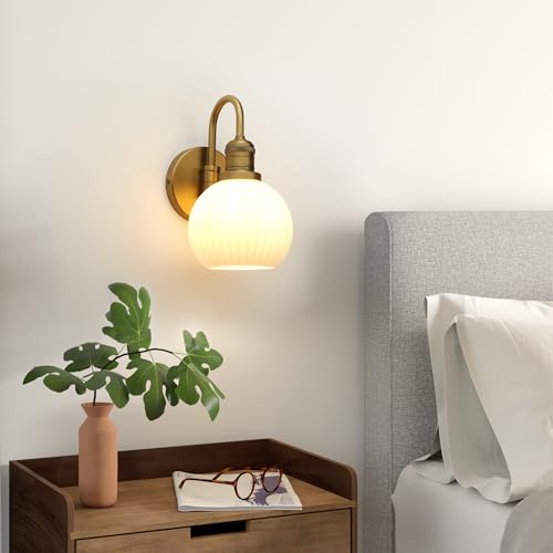 Image of Yosoan Aged Brass Gold Vintage Bathroom Wall Sconce with Striped Shade, 1-Light Classic Indoor Vanity Hardwired Wall Mounted Light, Frosted Milky White Ribbed Glass Shade for Bedroom Hallway(Antique)