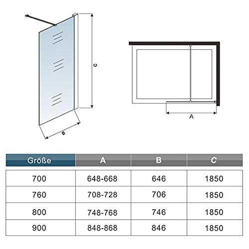 Mampara walk-in, Mampara de ducha fija de 65x185cm,Vidrio templado de 6mm tratamiento antical/Easyclean