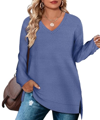 Image of RITERA Plus Size Women Sweaters Waffle Knit Pullover Top Long Sleeve Casual Crewneck Shirt Loose Split Hem Fall Winter Blouse