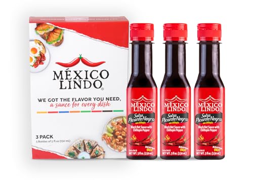 Image of Mexico Lindo Picante Negra Xxxtra Hot Sauce | Scoville Unit Level 80,000 | Sugar Free | 5 Fl Oz Bottles (Pack of 3)