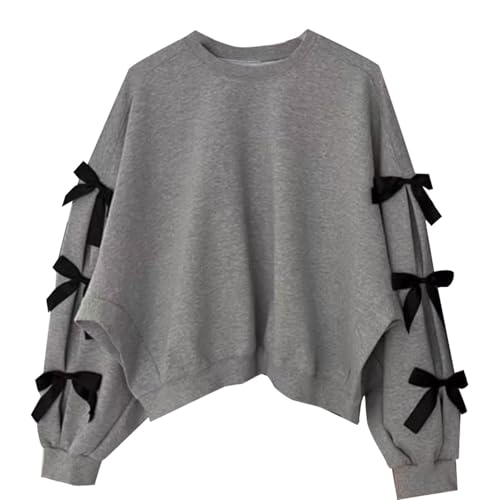Girls Cute Bow Sweatshirt for Kids Plain Pullover Teen School Jumper Long Sleeve Tops Fall Winter Clothes Grey