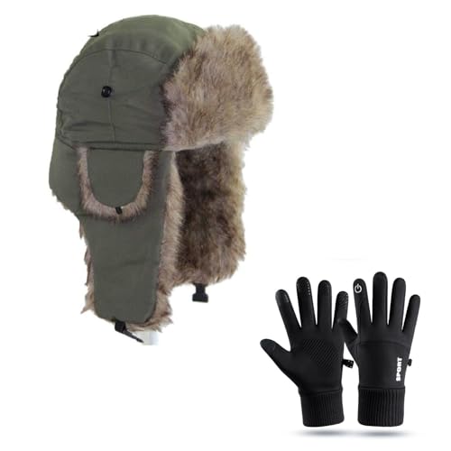 Image of ASWER Warm Trapper Trooper Hat Winter Skiing Cap Gloves Set Touch Screen Women Men