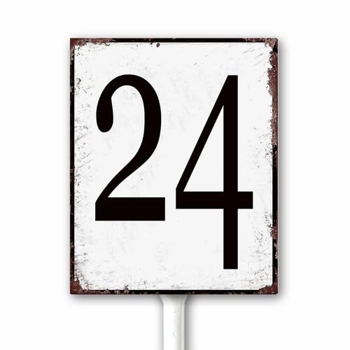 Aluminum Number Sign 24 Metal Numbered Yard Sign With Stake Outdoor for Tennis Court, Parking Lots, Floor, Dock, Court, Aisle, Field, Farm 12x15 CM High Visibility Rust Free (Retro White)