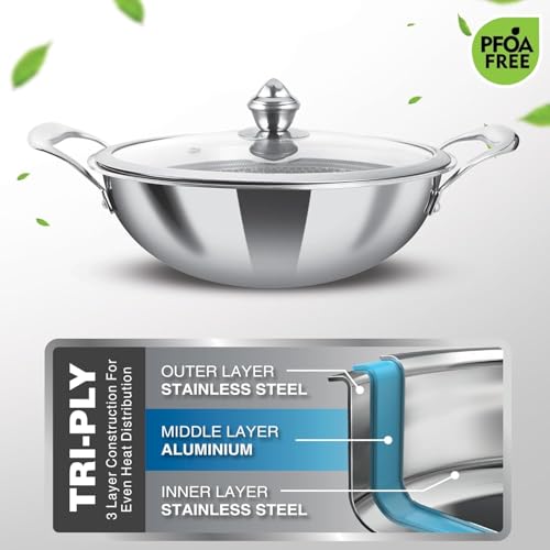 Image of Milton Pro Cook Induction Cookware & Gas Stove Friendly Triply Stainless Steel Honeycomb Mini Kadhai with Glass Lid 16cm | GREBLON C3+ Non Stick Coating | Even Heat | Metal Spoon Friendly |3Y Warranty