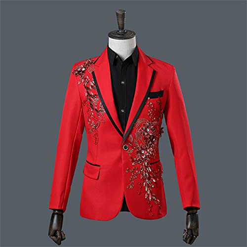 Mens 2 Pieces Luxury Embroidered Suits 1 Button Print Dinner Tuxedo Jacket Pants Prom Wedding Elegant Blazer Dress Suit (Red,X-Large)2