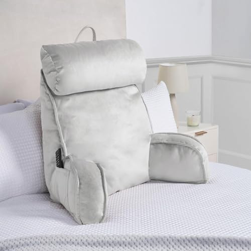 OHS Reading Pillow for Bed Adult, Detachable Neck Roll Gaming Cushion Cuddle with Head Rest Super Soft Comfy High Back Support Cushion with Arms for Sitting Up in Bed, Silver