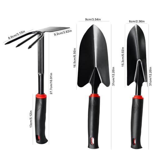 Gartengeräte 3-teilig mit rutschfestem Griff – Professionelles Set aus Edelstahl zum Bepflanzen, Ausgraben und Hacken (Kehrschaufel, Pflanzkelle, Doppelhacke) – Bild 3