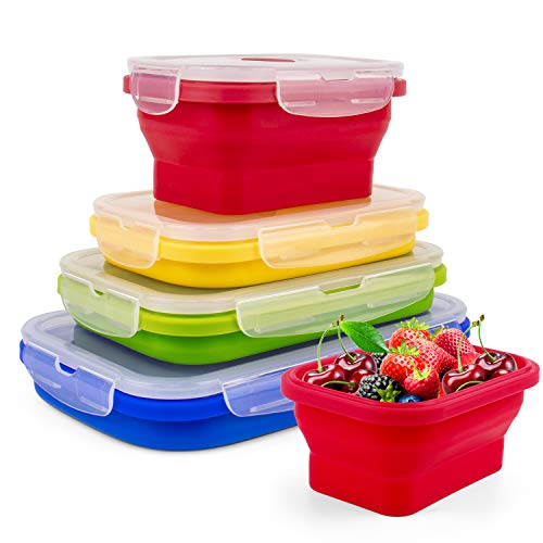 Frischhaltedose, Suddefr Vorratsbehälter für Lebensmittel, 4-Teiliges Set, Zusammenklappbaren, Wiederverwendbar Silikon Lunchbox mit Deckel für Mikrowellen, Ofen, Gefrierschrankgeeignet Cover
