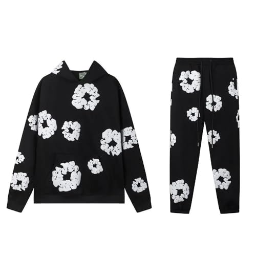 Y2K Graphic Flower Print Hoodie Sweatpants Set, Oversized 2 Piece Streetwear Tracksuit for Men Women, Casual Pullover Outfit (US, Alpha, Small, Black)