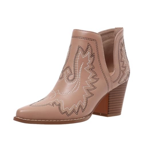 Image of SelRoys Cowboy Boots for Women Cowgirl Ankle Western Embroidered Stitched Pointed Toe Cutout Chunky Heels Short Booties Red Brown Black US5-11