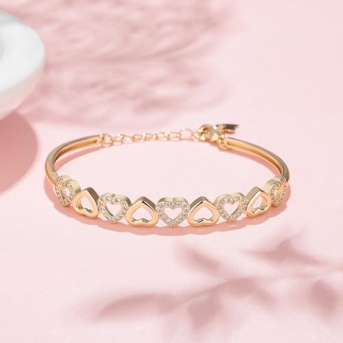 Amy and Annette 14K Gold Plated Hearts Bangle Adjustable Bracelet with Crystals in 14K Gold4