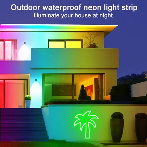 Image of 50ft LED Neon Lights with Remote and APP Control, IP65 Waterproof Flexible Neon Strip Lights 24V RGB LED Rope Lights for Bedroom,Living Room,DIY Decoration(with Snap &Screws)