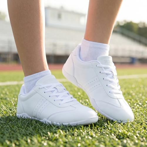 Image of BAXINIER Youth Girls White Cheerleading Dancing Shoes Athletic Training Tennis Walking Breathable Competition Cheer Sneakers