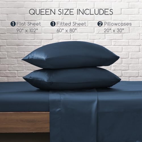 Image of MR&HM Satin Bed Sheets with Elastic Corner Straps, Queen Size Sheets Set, 4 Pcs Silky Bedding Set with 15 Inches Deep Pocket for Mattress (Queen, Mood Indigo)