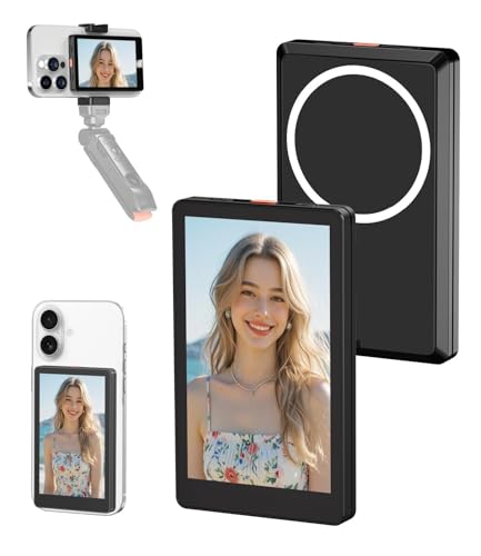 自撮りモニターVlog Magsafe外部スクリーン、スマホの外カメラ画面ミラーリング可能な磁気式ディスプレイ、Bluetooth撮影ボタン付き、セルフィ・ビデオ録画・ライブ配信・TikTok撮影に最適、有線4K 30FPS録画サポート