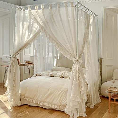 Elegante Spitze Prinzessin 4 Eckpfosten Moskitonetz Romantisch für Mädchen Frauen Bettvorhang Baldachin für Erwachsene Hochzeit Schlafzimmer Kinderzimmer Dekoration