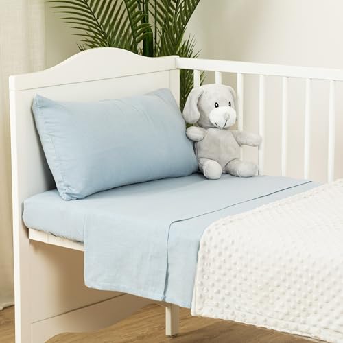 TRAMAS+ Juego de Sábanas de Franela para Cuna y Minicuna, Sábanas 100% Algodón Térmicas y Suaves para Bebé, Ropa de Cama 3 Piezas - (Minicuna - 50x80 cm, Celeste)