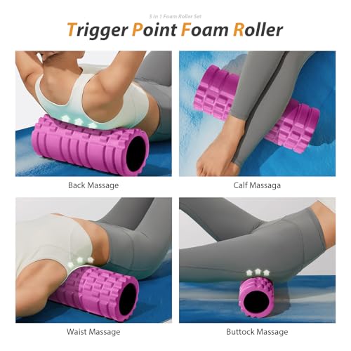 5 in 1 Foam Roller Set for Deep Tissue Muscle Massage, Trigger Point Fitness Patented Exercise Foam Roller, Massage Roller, Massage Ball, Stretching Strap, for Whole Body (Pink-Black) - Image 4