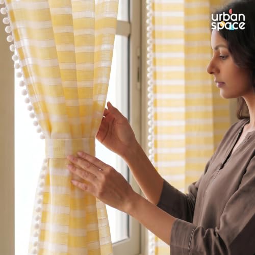 Image of Urban Space Aari Collection Weaved Sheer Curtains for Window 5 Feet, 40-50% Light Filtering Textured Curtain with Eyelets and Tieback, Set of 2 Decorative Curtains (Weaves Yellow, Window- 5 Ft)