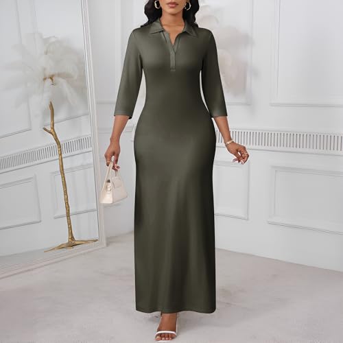 Image of PinkPatty Women's Casual 3 /4 Sleeve Polo V Neck Bodycon Maxi Dress