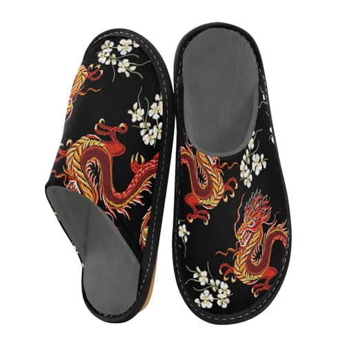 ALAZA Chinese Japanese Dragon Flower White Fuzzy Slippers for Women Men Warm Soft Lightweight Memory Foam House Slippers 9-10
