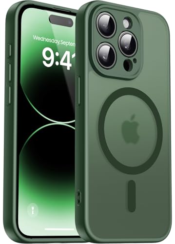 Natiiozie Magnetisch Kompatibel mit iPhone 14 Pro Hülle Kompatibel mit MagSafe Kameraschutz FallSchutz Handyhülle Stoßfest Kratzfest Schutzhülle Transluzente Matt Rückseite 6.1 Zoll Case Dunkelgrün
