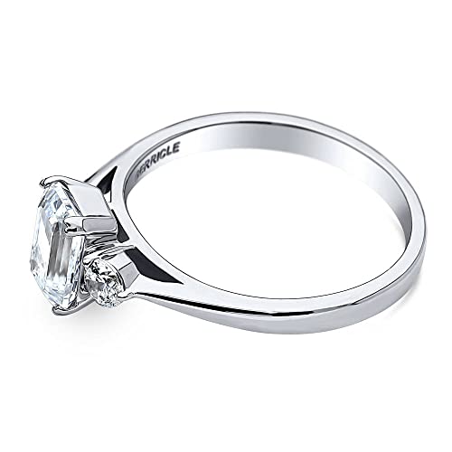 BERRICLE Sterling Silver 3-Stone Wedding Engagement Rings 1 Carat Emerald Cut Cubic Zirconia CZ Anniversary Promise Ring for Women, Rhodium Plated3