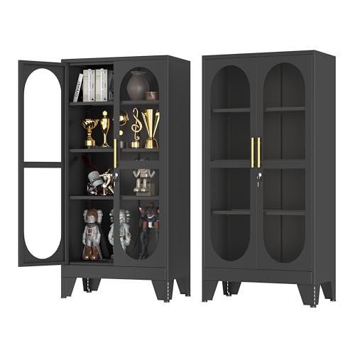 Generisch 155cm hoher schließbarer Vitrinen-Schrank mit Glastür,metallene Kuriositäten-Schränke mit 3 verstellbaren Regalen,hoher Weinschrank-Ausstellungsgehäuse für Wohnzimmer,schwarz 1