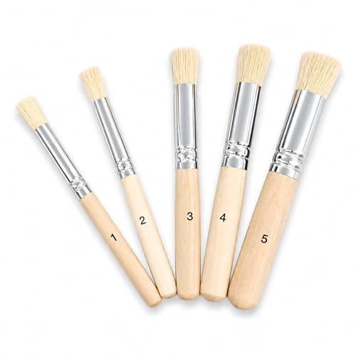 Set of 5 Round Stencil Brushes with Wood Handle Natural Bristle Paint Mop Brush for Art Acrylic Painting Chalk Paint Watercolor Fabric Walls and Furniture