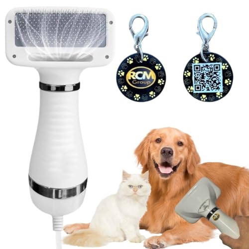 RCM Group® - Secador Escova Portátil Elétrico 2 em 1 Para Pets Animais de Estimação 110V Acompanha Tag de Identificação e Localização do Pet com QR Code - RCM Group®