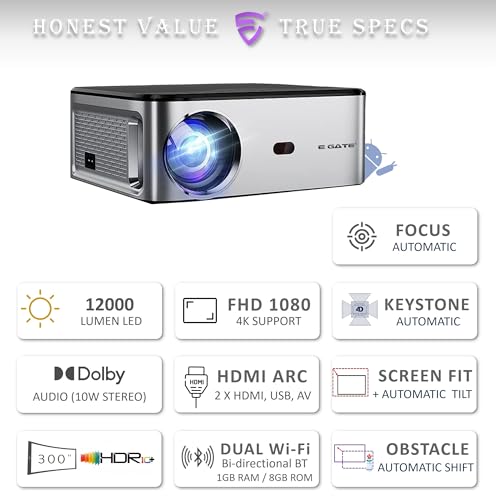 Image of EGate O9 Pro-Zen Projector, Full HD 1080p, 12000 Lumens LED, 4K Support, Android | 1GB-8GB| ARC HDMI | Auto (Focus + Keystone + Tilt + Screen Fit + Obstacle Shift) Dolby, WiFi+BT (EO9025,Black)