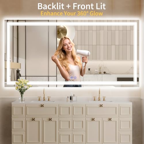 Image of 36 inchx72 inch LED Bathroom Mirror with Lights, Anti-Fog, Backlit + Front Lit, Dimmable, Led Vanity Mirror for Wall, Lighted Bathroom Mirror, 3 Colors, Shatter-Proof Tempered Glass