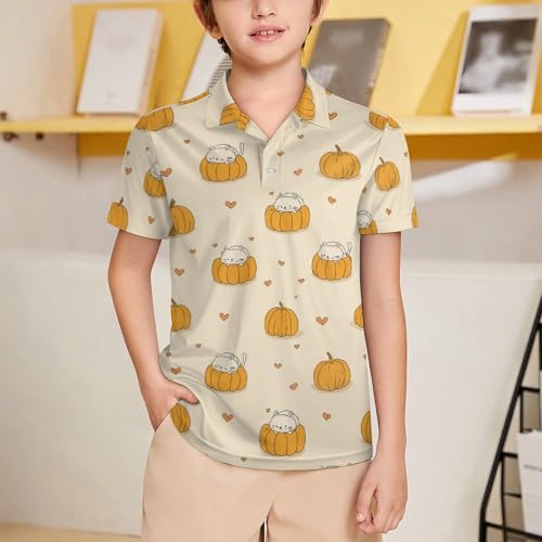 Boys' Classic Polo Shirts Short Sleeve Moisture-Wicking Golf & Tennis Shirts for Youth Teens Cartoon Pumpkin Cat Halloween2