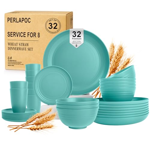 Image of Wheat Straw Dinnerware Sets, 32 PCS Dishes Set for 8, Unbreakable Plates and Bowls Sets, Microwave Safe Dinnerware Set for Kitchen Outdoor Camping RV - Green