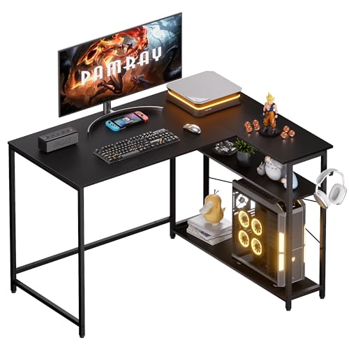 PAMRAY Escritorio en L de 109 cm, Mesa de Trabajo con Estantes Laterales Reversibles, Escritorio Esquinero para PC, Gaming y Oficina en Casa Ideal para Estudiar y Jugar, Negro
