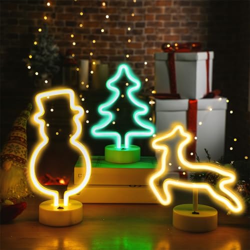 Image of Vihose 3 Pcs Christmas Neon Sign Decorations LED Snowman Reindeer Xmas Tree