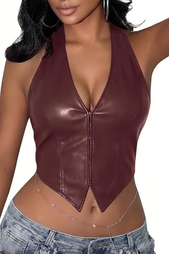ELLEVEN Halter Corset Tank Tops for Women PU Leather Sexy Cute Deep V Neck Backless Casual Asymmetrical Cami Crop Vest Corset Going Out Party Western Cowgirl Clubwear Burgundy Medium