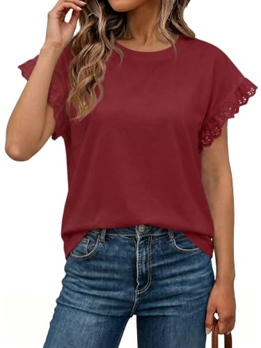 Image of Tankaneo Womens Summer Crewneck T-Shirts Lace Cap Sleeve Tops Dressy Casual Loose Fit Work Basic Tees Outfits 2026