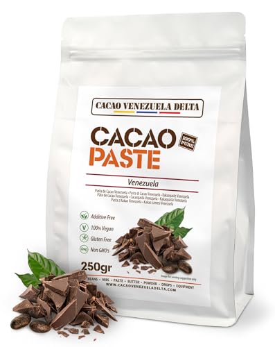 Cacau V Delta pasta de cacau pura cerimonial 250 g de origem Venezuela - chocolate preto 100 % puro sem açúcar para fundir e substituição, massa de cacau sem glúten, antioxidante, vegan
