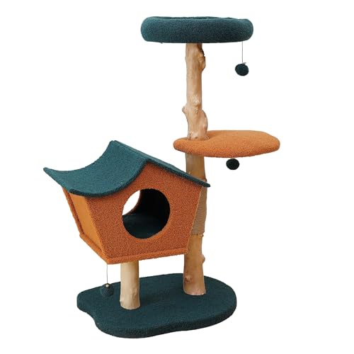 Fudajo Árbol rascador Gatos 114 cm Peluche, casa asimétrica en Madera de peral y Pelotas de Juego