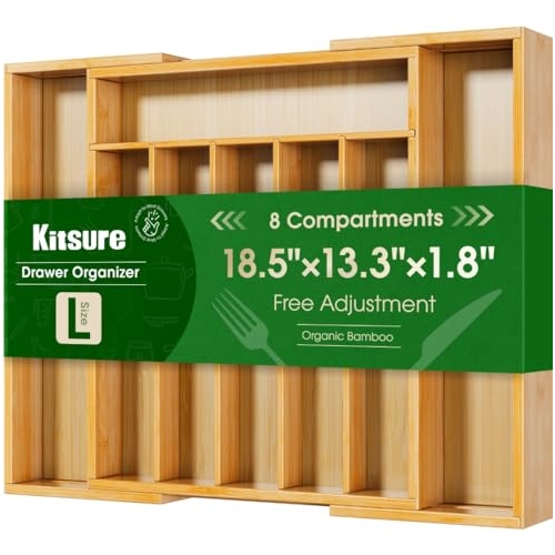 Kitsure Silverware Organizer - Expandable Bamboo Kitchen Drawer Organizer for Cooking Uten...