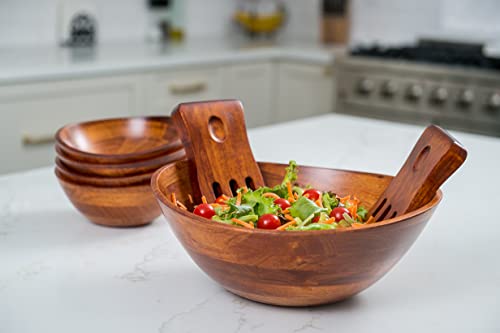 Lipper International Cherry Finished Wavy Rim Serving Bowl With 2 Salad Hands, Large, 13" X 12.5" X 5", 3-Piece Set #TOP5