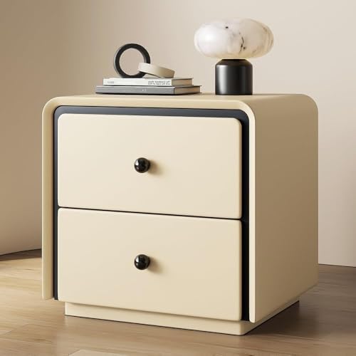 Modern Solid Wood Nightstand with 2 Drawers, Cream Bedside Table for Bedroom, Living Room & Study - Multi-Purpose Storage Solution (White, 50 CM)