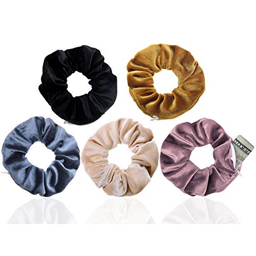 SYGY 5Pcs Velvet Hair Scrunchies Hair Ties with Zipper for Women, Teen Girls, High Elastic Cute Hair Band Fashion Hair Styling Accessories, 5 Colors